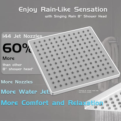 Rain Shower Head, 8'' High Pressure Rainfall Square ABS Showerhead with 11'' Shower Head Extension Arm, Stainless Steel Adjustable Shower Arm Extender, Rainfall Waterfall Fixed Showerheads, Chrome