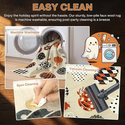 Tribesigns 3x5 Beige Halloween Fall Pumpkin Print Area Rug for Kitchen | Washable Non-Slip Low-Pile Autumn Thanksgiving Rug for Hallway, Entryway, Bedroom, Bathroom, Halloween Home Decor Indoor Rug