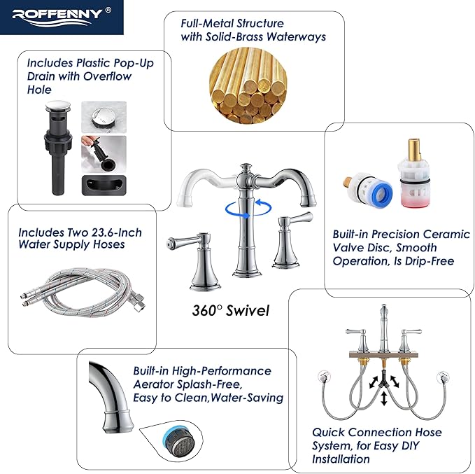Polished Chrome Bathroom Faucet 8 inch Widespread for 3 Holes, with 2 x 23.6 inch Water Supply Lines and Plastic Pop-Up Drain, Classic 2-Handle Bathroom Vanity Sink Faucet, 360° Swivel Spout