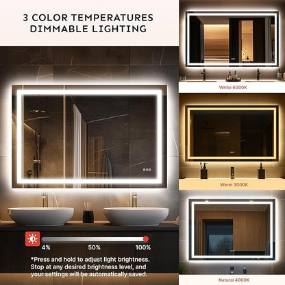 36x60 Inch LED Bathroom Mirror with Lights | Extra Large Lighted Smart Vanity Mirror with Memory Function, Anti-Fog, Backlit + Front Lit, Dimmable 3-Color Temperature