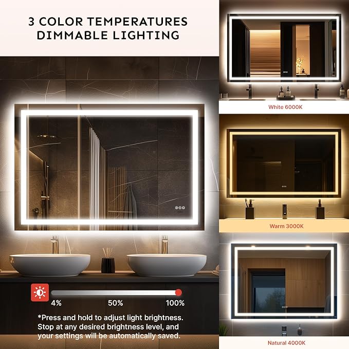 36x24 Inch LED Bathroom Mirror with Lights, Anti-Fog, Dimmable | Backlit & Front Lit Lighted Vanity Mirror for Wall, Smart Bathroom Mirror with Memory Function, Tempered Glass