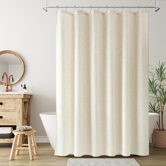 Linen Shower Curtain for Bathroom 78 Inches Length Light Beige | Weighted Fabric Bath Curtains with Hooks, Water Repellent, Neutral Boho Farmhouse, Simple Luxury Shower Decor, 1 Panel, 72x78