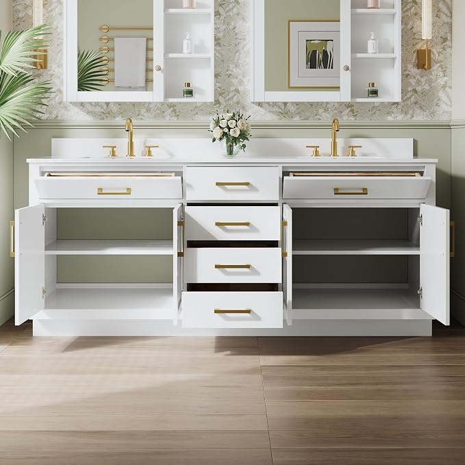 80-Inch Bathroom Vanity with Double Sinks W/ 4 Doors & 4 Drawers & 2 Flip Drawers, White Vanity W/Brushed Gold Handles