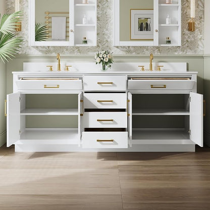 80-Inch Bathroom Vanity with Double Sinks W/ 4 Doors & 4 Drawers & 2 Flip Drawers, White Vanity W/Brushed Gold Handles