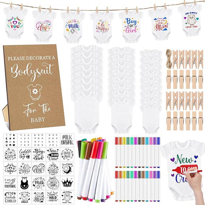 Panitay 126 Pcs Baby Shower DIY Bodysuit Set Bib 25 Blank White Newborn Bodysuit 25 Stencils 24 Marker 1 Sign 50 Pins(Kraft)