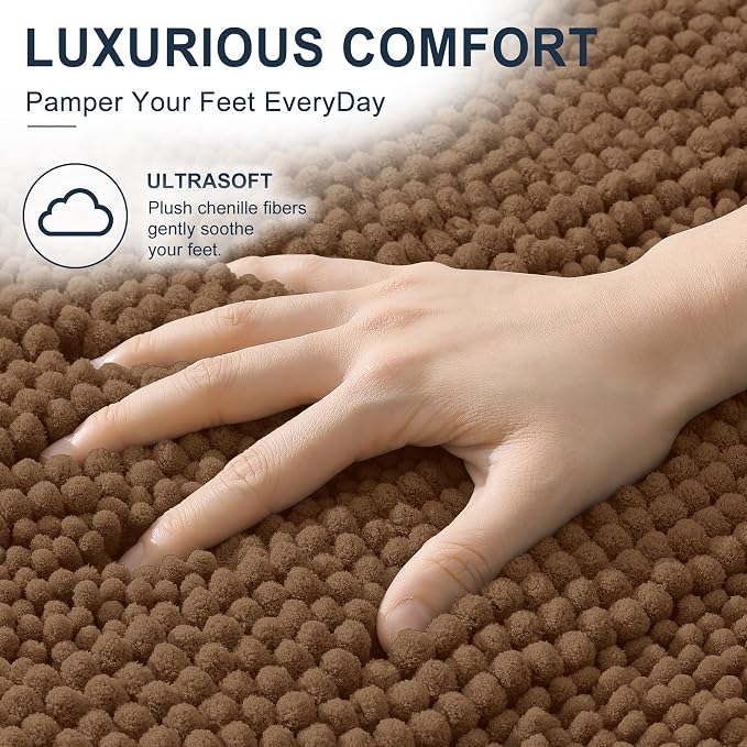 Smiry Thick Small Chenille Bathroom Rugs 24x16, Absorbent Bath Mat, Mocha | Quick‑Dry & Machine Washable, Non‑Slip Bath Carpet, Soft Striped Bath Rugs for Tub & Shower, Modern Home Decor Accessories