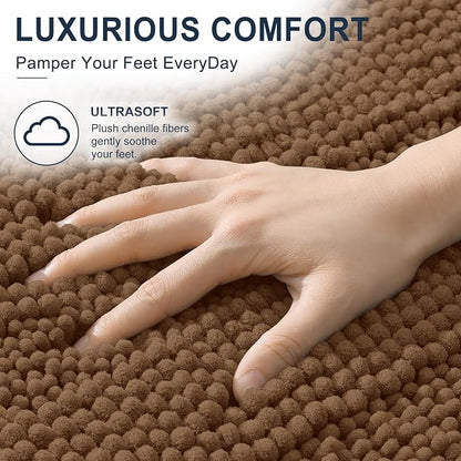 Smiry Thick Small Chenille Bathroom Rugs 24x16, Absorbent Bath Mat, Mocha | Quick‑Dry & Machine Washable, Non‑Slip Bath Carpet, Soft Striped Bath Rugs for Tub & Shower, Modern Home Decor Accessories