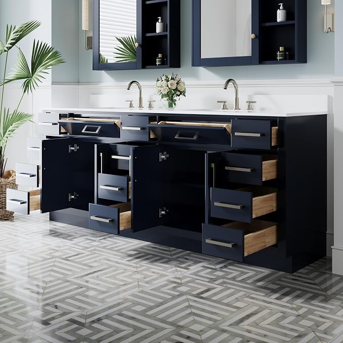 84-Inch Bathroom Vanity with Double Sinks W/ 4 Doors & 12 Drawers & 2 Flip Drawers, Navy Blue Vanity W/Brushed Nickel Handles