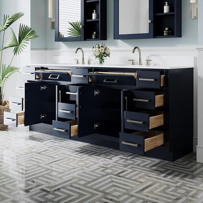 84-Inch Bathroom Vanity with Double Sinks W/ 4 Doors & 12 Drawers & 2 Flip Drawers, Navy Blue Vanity W/Brushed Nickel Handles