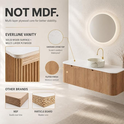 48 Inch Bathroom Vanity with Sink, Floating Wall Mounted Single Sink Vanity, Natural Woodgrain Curved Fluted Front, Stone Top, Marble-Look Round Vessel Basin, Pre-Assembled
