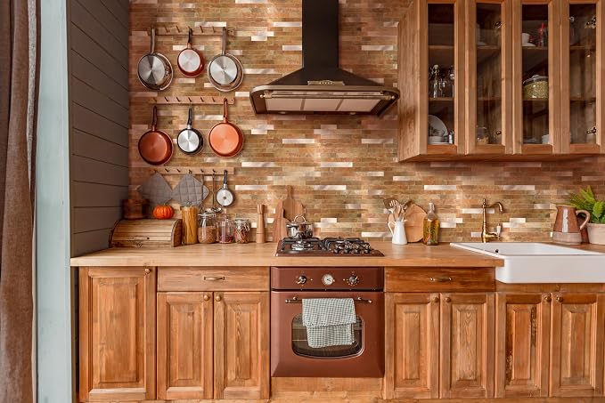 Yipscazo 40 Sheets PVC Wall Tiles Stick on Tiles for Backsplash Kitchen, Bathroom, Laundry Room, Camper, Fireplace (6'' X 12'', Copper Metal)