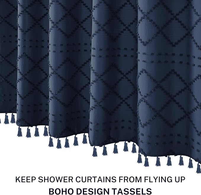Siiluminisoy Extra Long Boho Farmhouse Shower Curtain Woven Fabric Navy Blue 84 Inch Curtain, 72 x Tufted Chevron Textured Striped Modern Minimalist Cloth Set with Hooks for Bathroom