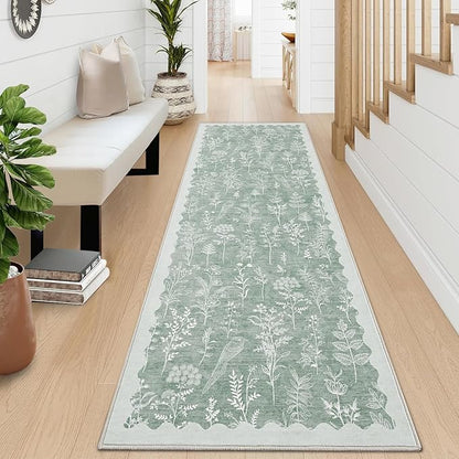 GarveeHome Washable 2x6 Runner Rugs for Bathroom Floral Kitchen Rug Neutral Scalloped Carpet, Non-Slip Hallway Rug Stain Resistant Modern Low-Pile Carpet for ‎Laundry Bedside Entryway(2x6 ft,Green)