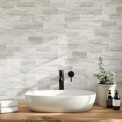Vamos Tile 100-Piece Matt Beige Mixed Grey Slate Peel and Stick Backsplash Seamless Tile,3''x6'' PVC Subway Tile,Stick on Backsplash for Kitchen/Bathroom/Laundry Room