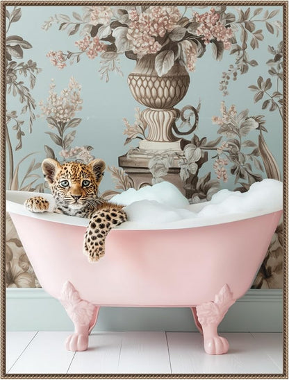 Amanti Art Framed Canvas Wall Art 42x32 Leopard Pink Bubble Bath by Niky Rahner, Framed Wall Art Canvas, Animals Artwork, Traditional Decor, Oversize Poster Painting for Living Room, Bedroom, Bathroom