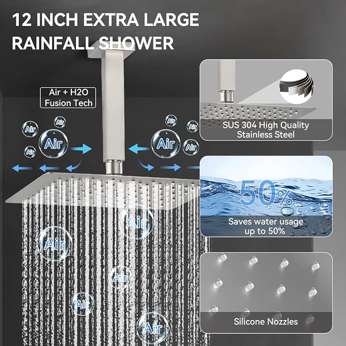 Brushed Nickel Shower System with Jets,Bostingner 4 Way Shower Faucet Set with 2 in1 Handheld,Ceiling Mount 12"+6" Rain Shower Head Wall Mounted, 4 Body Spray Jets Dual Head Shower Set