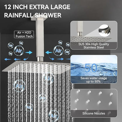 Brushed Nickel Shower System with Jets,Bostingner 4 Way Shower Faucet Set with 2 in1 Handheld,Ceiling Mount 12"+6" Rain Shower Head Wall Mounted, 4 Body Spray Jets Dual Head Shower Set
