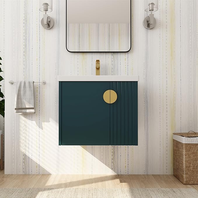 SSLine 24" Wall-Mount Bathroom Vanity Modern Floating Bathroom Vanity Set with Ceramic Sink Basin & Storage Cabinet 24-Inch Luxury Green Small Bathroom Vanities with Round Metal Handles