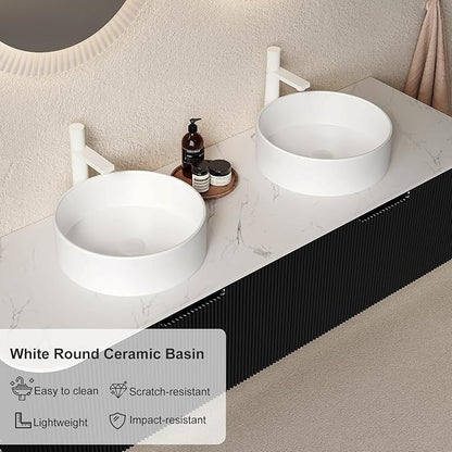 60 Inch Floating Bathroom Vanity with Double Sink, Modern Bathroom Vanities with Ultra-Thin Marble Countertop and Ceramic Sink, Soft-Close Design, Natural Solid Wood Cabinet, Pre-Assembled, Black