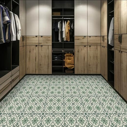 Green Vintage Floral Peel and Stick Floor Tiles 12x12 Inch 10PCS | Green and cream vintage floral scroll pattern vinyl floor stickers for kitchen bathroom entryway and indoor home decor