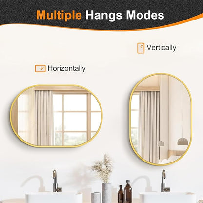 28x20 Gold Oval Bathroom Mirror for Over Sink, Aluminum Frame | HD Reflection No Distortion, Aluminum Frame, Mounting Hardware for Vertical or Horizontal Mount