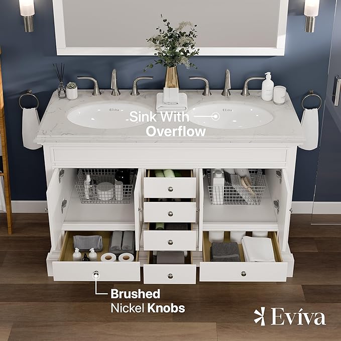 Eviva Elite Stamford 48 in. White Double Sink Bath Vanity with Carrara Quartz Top