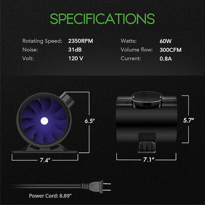 iPower Silent Inline Duct Ventilation Booster Fan 6 Inch 300 CFM Quiet Vent Exhaust Blower for Hydroponics Grow Tent Greenhouse Kitchen Bathroom, 2 Pack, Black
