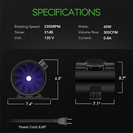 iPower Silent Inline Duct Ventilation Booster Fan 6 Inch 300 CFM Quiet Vent Exhaust Blower for Hydroponics Grow Tent Greenhouse Kitchen Bathroom, 2 Pack, Black