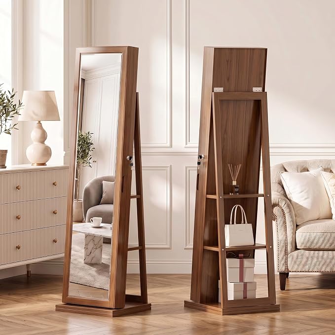 4-In-1 Jewelry Cabinet Jewelry Armoire Lockable Standing, Brown | Jewelry Organizer with Storage, Full-Length Mirror, 3 Storage Shelves, Makeup Mirror, 360 ° Swivel Jewelry Armoire for Women