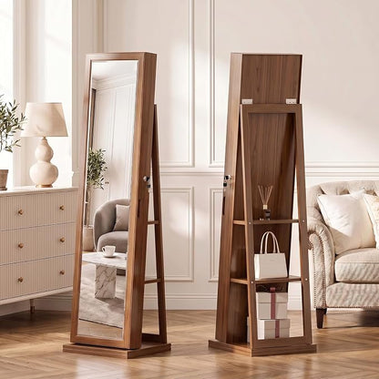 4-In-1 Jewelry Cabinet Jewelry Armoire Lockable Standing, Brown | Jewelry Organizer with Storage, Full-Length Mirror, 3 Storage Shelves, Makeup Mirror, 360 ° Swivel Jewelry Armoire for Women