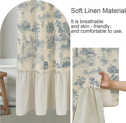 ORTIGIA Ruffle Linen Shower Curtain with Metal Hooks 72x72 Inch, Blue and White Toile de Jouy for Vintage French Country Waterproof Bathroom Decor Chateau Toile Pattern