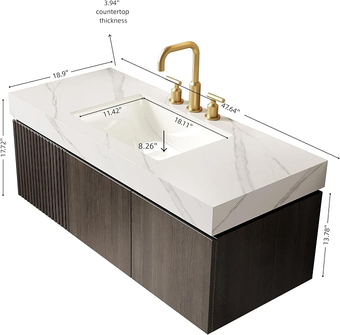 KEIKI 48 Inch Floating Bathroom Vanity with Sink, Espresso & White | Modern Wall Mounted Storage Cabinet w/ Drawer & Door, Pre-assembled Wood Panels, Sintered Stone Top & Ceramic Basin Combo Set