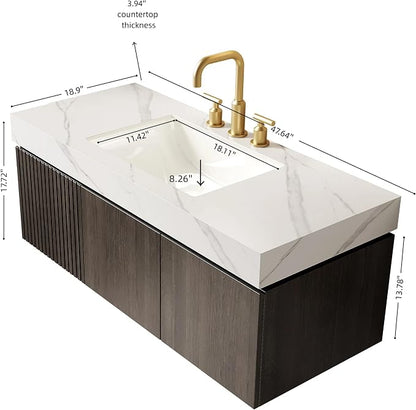KEIKI 48 Inch Floating Bathroom Vanity with Sink, Espresso & White | Modern Wall Mounted Storage Cabinet w/ Drawer & Door, Pre-assembled Wood Panels, Sintered Stone Top & Ceramic Basin Combo Set