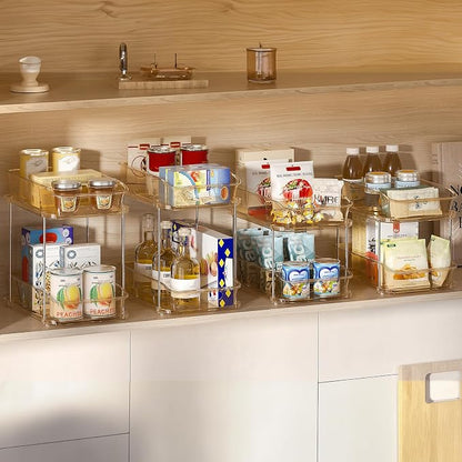 Delamu 2-Tier Under Sink Organizers and Storage, Multi-Purpose Stackable Bathroom Cabinet organizers, Pull Out Kitchen Pantry Organization and Storage with Dividers(2 Pack, Amber)