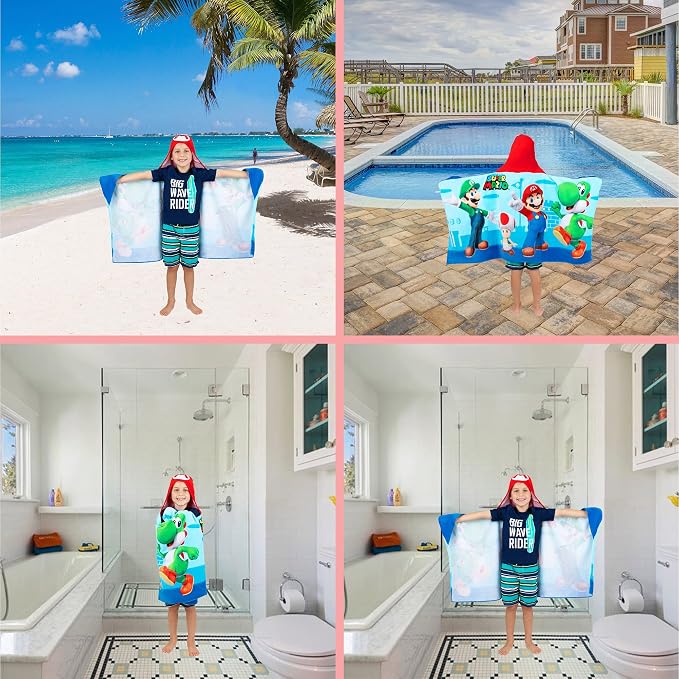 Super Mario Bath/Pool/Beach Soft Cotton Terry Hooded Towel Wrap, 24 in x 50 in, By Franco Kids