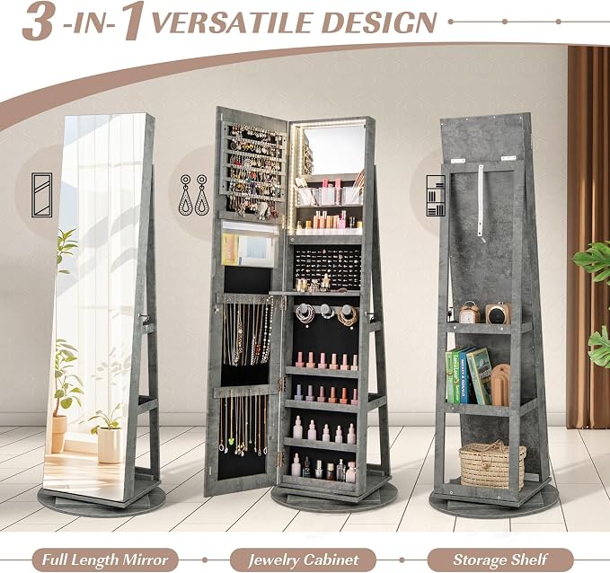 GOFLAME 360° Rotating Jewelry Cabinet with Full-Length Mirror, Freestanding Jewelry Armoire with 3-Color LED Light and Back Storage Shelf, Lockable Jewelry Organizer for Bedroom Cloakroom, Stone Gray