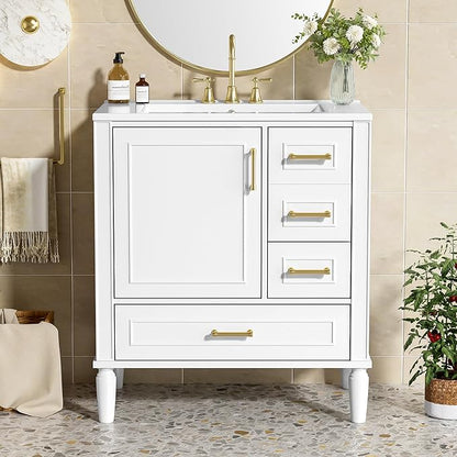 30" Bathroom Vanity with Sink,Free Standing Single Basin Vanity Set w/ 3 Drawers & Soft Closing Door,Solid Wood Frame,Metal Handles,Modern Storage Cabinet for Small Space,White