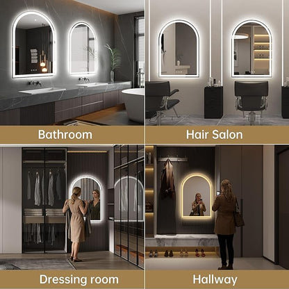 Arched Bathroom Mirror with Lights 28"x40"- Frameless LED Mirror for Bathroom, Fogless, Dimmable, 3 Color Changing, Shatterproof, Touch Sensor