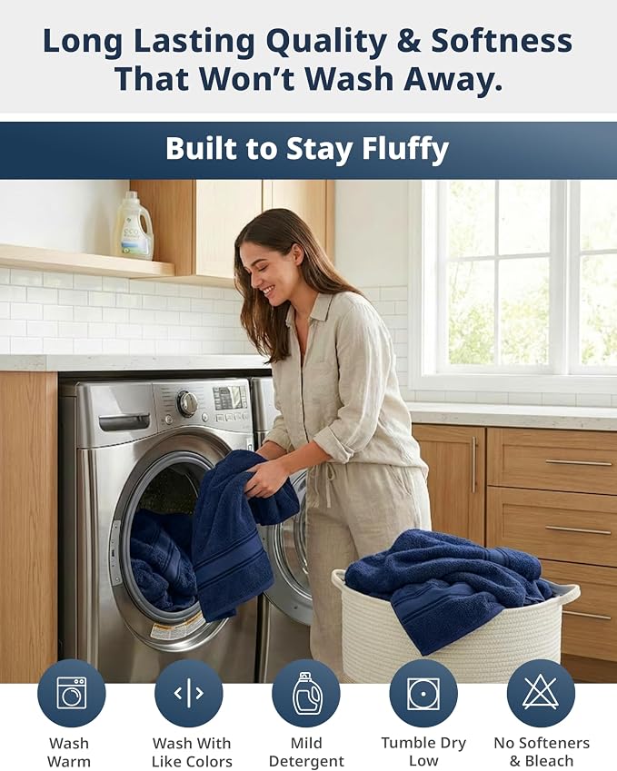 LANE LINEN Towel Set 12 Piece Soft Absorbent Quick Dry 100% Cotton - Navy | Towel Pack - Terry Weave Comfort, Long-Lasting Comfort, Hotel-Style Look, Gets Softer With Every Wash, Machine Washable