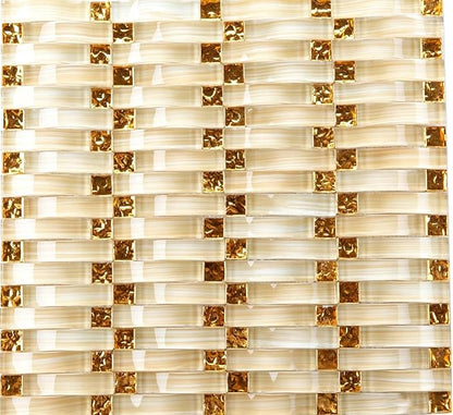 Glass Mosaic Tile Beige Gold for Kitchen Backsplash Bath Wall Decor 5 Sq Ft | Glossy Surface Shine, 3D Arched Interlocking, Indoor Walls, Bathroom Shower, Fireplace Surrounds and Modern Interiors Spaces