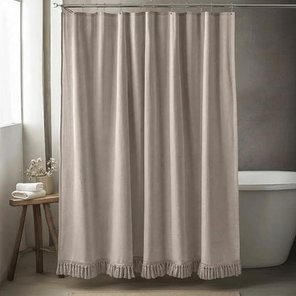 Linen Shower Curtain Boho Taupe Shower Curtain with Tassels 60"L x 72"L | Thick linen-poly blend, soft textured drape, handcrafted fringe, neutral rustic farmhouse bathroom decor