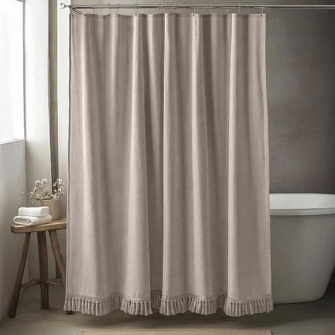 Linen Shower Curtain Boho Taupe Shower Curtain with Tassels 72"W x 96"L | Thick linen-poly blend, soft textured drape, handcrafted fringe, neutral rustic farmhouse bathroom decor