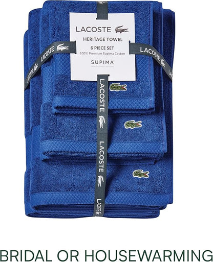 Lacoste Heritage Anti-Microbial Supima Cotton 6-Piece Towel Set, 2 Bath Towels, 2 Hand Towels, 2 Washcloths, Surf Blue – Highly Absorbent & Quick Drying, Bathroom Essential, Machine Washable