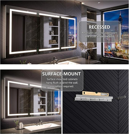 Recessed Medicine Cabinet with Lights, 72x36 Lighted Medicine Cabinet with Mirror, 5XMagnifier, GFCI Outlet, Soft-closed, Front&Backlit, Anti-Fog, Dimmable&Tunable, Sensor Lights, Adjustable Shelves