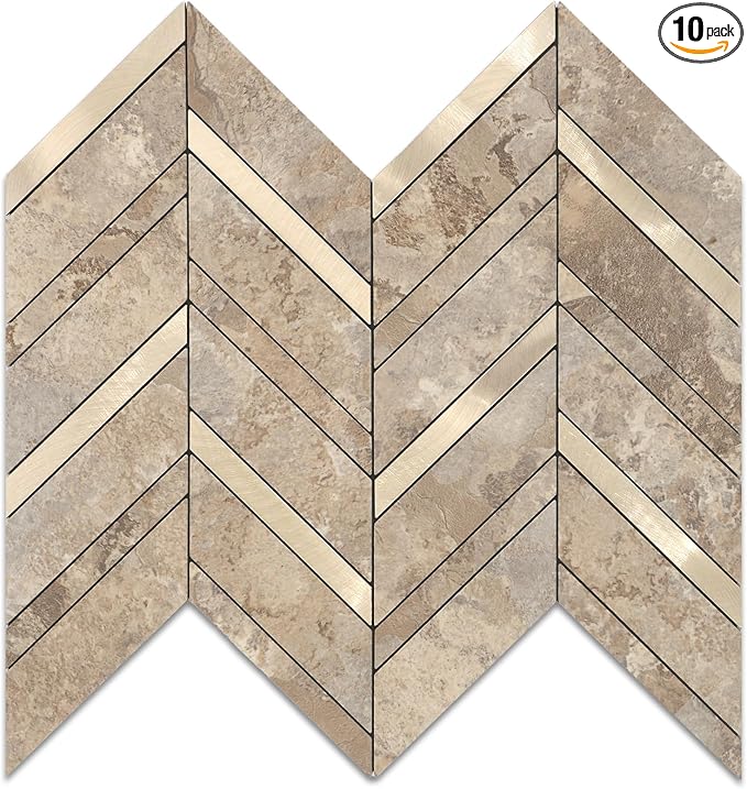 Yipscazo 10-Sheet Herringbone Backsplash Peel and Stick Tile, Beige Stone Mixed Metal Gold PVC Stick on Backsplash for Kitchen, Waterproof Self Adhesive Wall Tile for Bathroom