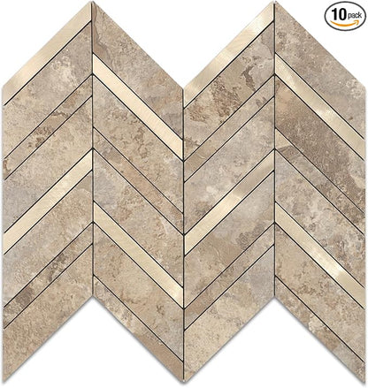 Yipscazo 10-Sheet Herringbone Backsplash Peel and Stick Tile, Beige Stone Mixed Metal Gold PVC Stick on Backsplash for Kitchen, Waterproof Self Adhesive Wall Tile for Bathroom