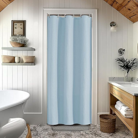 OVZME Stall Fabric Shower Curtain Set - 36Wx72L, Waffle Weave 230GSM Heavy Duty Small Shower Curtains for Narrow Stall Size, Machine Washable Bath Curtain with 12 Plastic Hooks, Glacier Blue