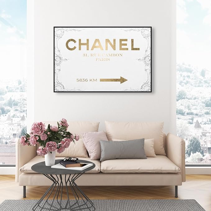 The Oliver Gal Artist Co. Typography and Quotes Contemporary Canvas Art - Couture Road Sign Rococo Gold, Wall Art for Living Room, Bedroom, and Bathroom, 45 in x 30, White and Gold Home Decor