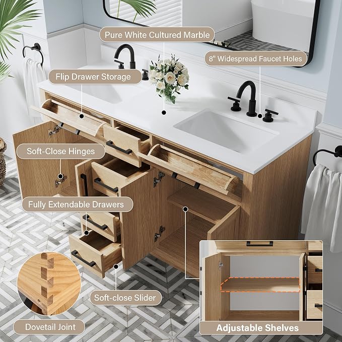 60-Inch Bathroom Vanity with Double Sinks W/ 4 Doors & 4 Drawers & 2 Flip Drawers, Oak Vanity W/Matte Black Handles