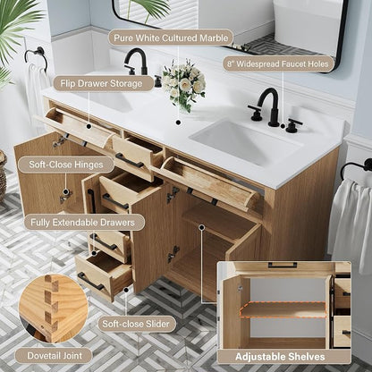 60-Inch Bathroom Vanity with Double Sinks W/ 4 Doors & 4 Drawers & 2 Flip Drawers, Oak Vanity W/Matte Black Handles